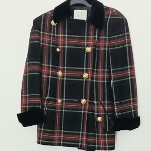 Moschino Cheap and Chic Jacket Womens Size 10 Red Tartan Gold Button Long Sleeve
